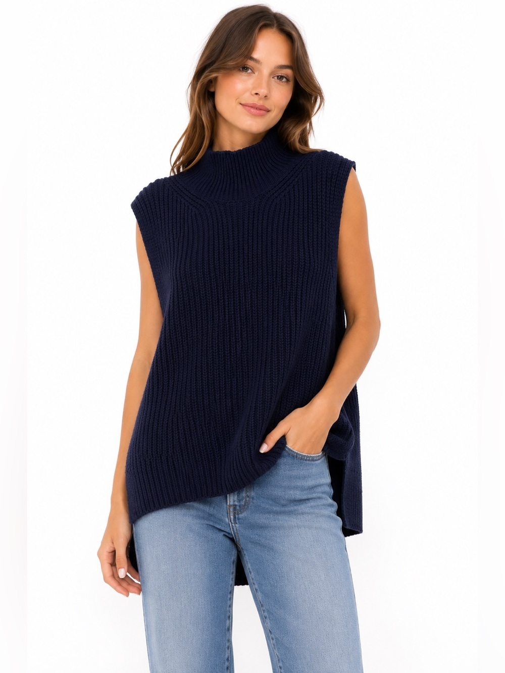 Francesca’s Dizzy Lizzy Navy Chunky Knit Mock Neck Sweater Vest Size Small NWT